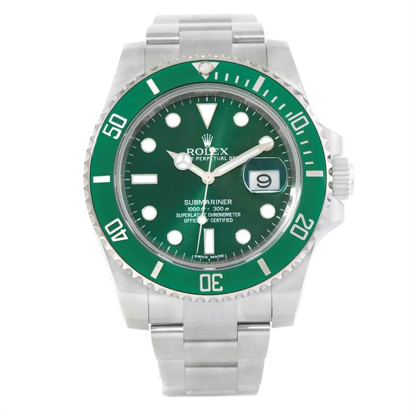 This image shows a Rolex Submariner 116610LV Men
s Stainless Steel Green Dial 116610LV Men
s Stainless Steel Green Dial watch from a front angle, highlighting its green bezel and dial.