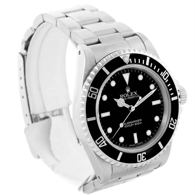 The image shows a Rolex Submariner 14060 Men
s Stainless Steel Black Dial 14060 Men
s Stainless Steel Black Dial watch from a front-left angle displaying the dial, bezel, and part of the bracelet.