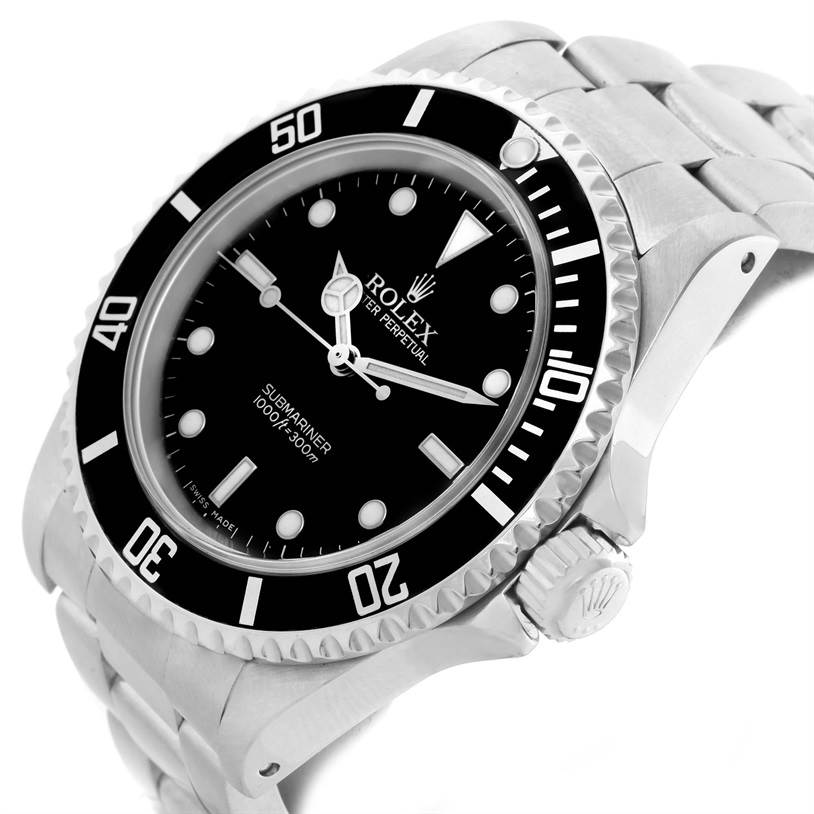 The image shows a Rolex Submariner 14060 Men
s Stainless Steel Black Dial 14060 Men
s Stainless Steel Black Dial watch angled to display the dial, bezel, crown, and part of the bracelet.