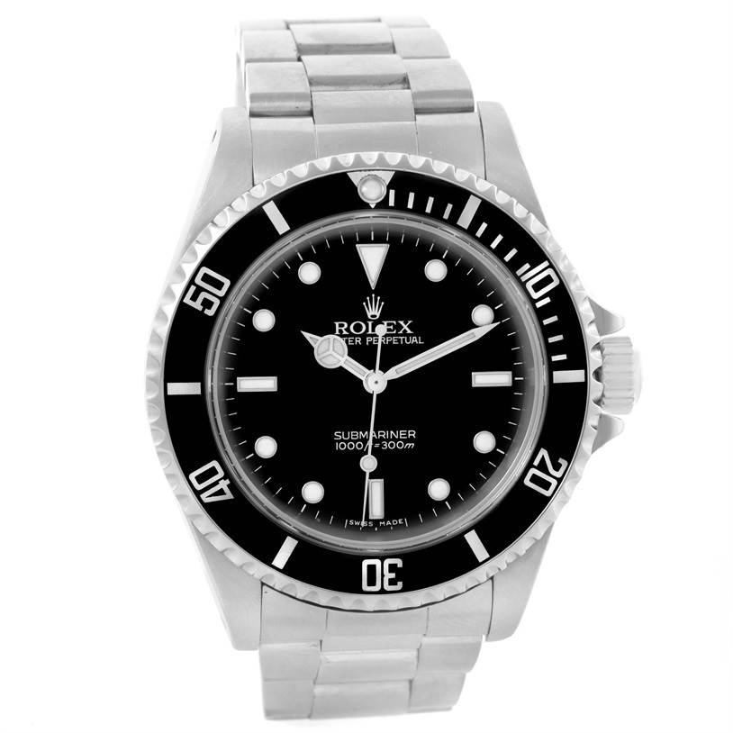 The image shows a front view of the Rolex Submariner 14060 Men
s Stainless Steel Black Dial 14060 Men
s Stainless Steel Black Dial watch, displaying its black dial, bezel, and stainless steel bracelet.