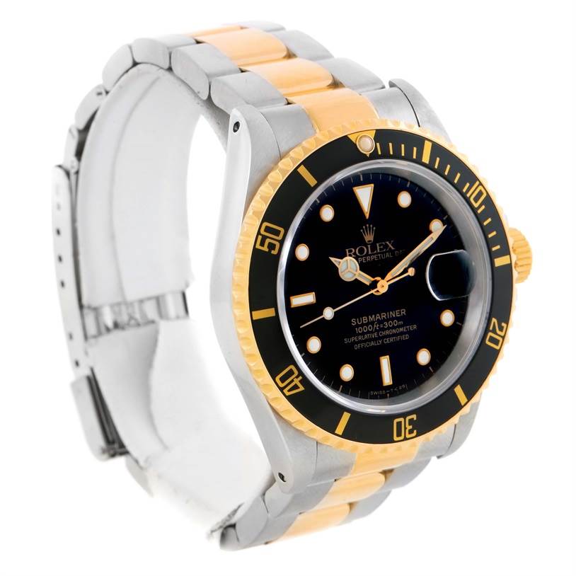 The image shows a Rolex Submariner 16613 Men's Steel and Gold (two tone) Black Dial 16613 Men's Steel and Gold (two tone) Black Dial watch at an oblique angle highlighting its gold and silver bracelet and black dial.