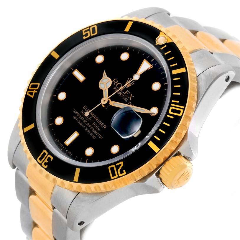 This image shows a Rolex Submariner 16613 Men's Steel and Gold (two tone) Black Dial 16613 Men's Steel and Gold (two tone) Black Dial watch at a three-quarter angle highlighting the bezel, dial, crown, and part of the bracelet.