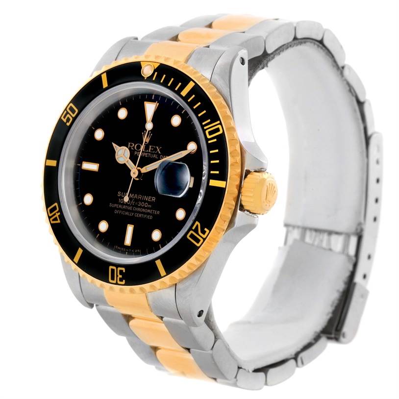 This image shows a Rolex Submariner 16613 Men's Steel and Gold (two tone) Black Dial 16613 Men's Steel and Gold (two tone) Black Dial watch at a slight side angle, highlighting the bezel, dial, case, and bracelet.