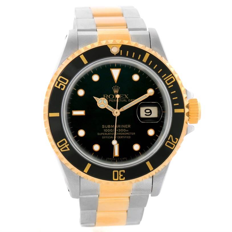 This image shows a front view of a Rolex Submariner 16613 Men's Steel and Gold (two tone) Black Dial 16613 Men's Steel and Gold (two tone) Black Dial watch with a two-tone band and black dial.