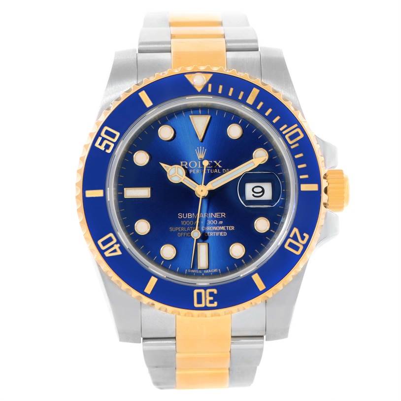 The image shows a front view of the face and bracelet of a Rolex Submariner 116613 Men's Steel and Gold (two tone) Blue Dial 116613 Men's Steel and Gold (two tone) Blue Dial watch.