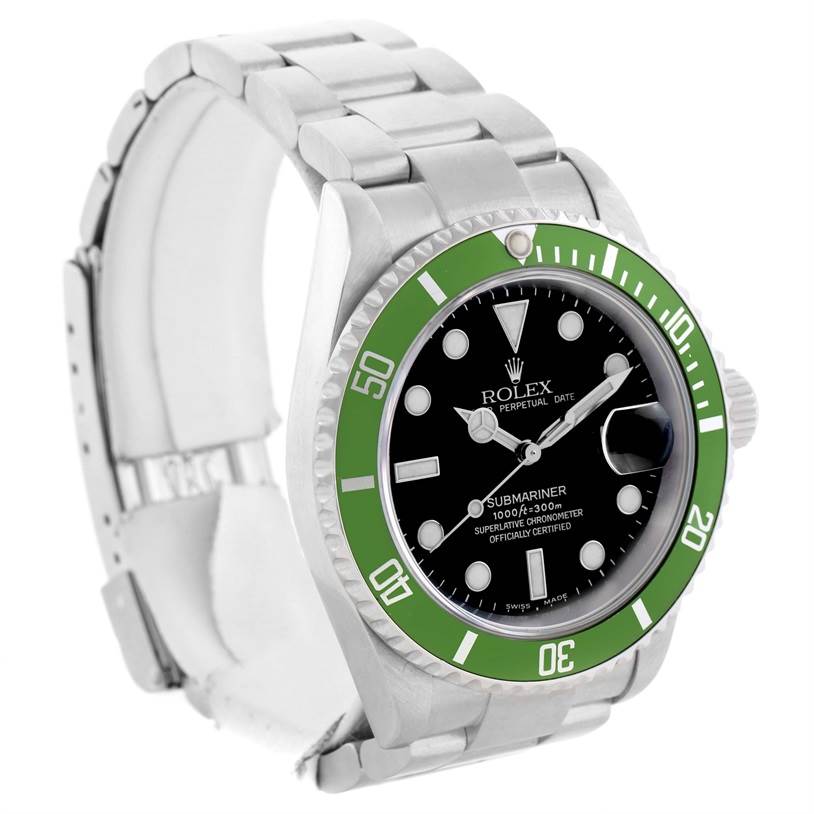 The image shows a Rolex Submariner 16610LV Men
s Stainless Steel Black Dial 16610LV Men
s Stainless Steel Black Dial watch at a three-quarter angle, highlighting the green bezel, black dial, and metal bracelet.
