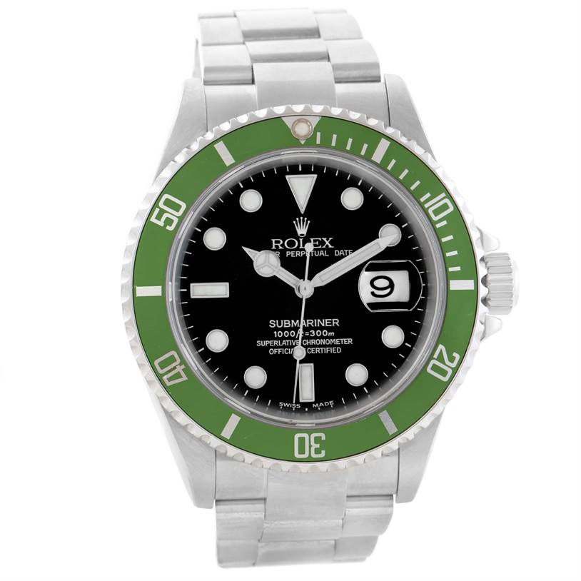 This image shows the front view of a Rolex Submariner 16610LV Men
s Stainless Steel Black Dial 16610LV Men
s Stainless Steel Black Dial watch, featuring a green bezel, black dial, and stainless steel bracelet.