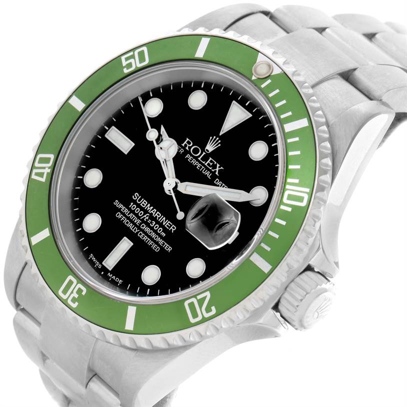 The image shows an angled view of a Rolex Submariner 16610LV Men
s Stainless Steel Black Dial 16610LV Men
s Stainless Steel Black Dial, highlighting its green bezel, black dial, and bracelet.