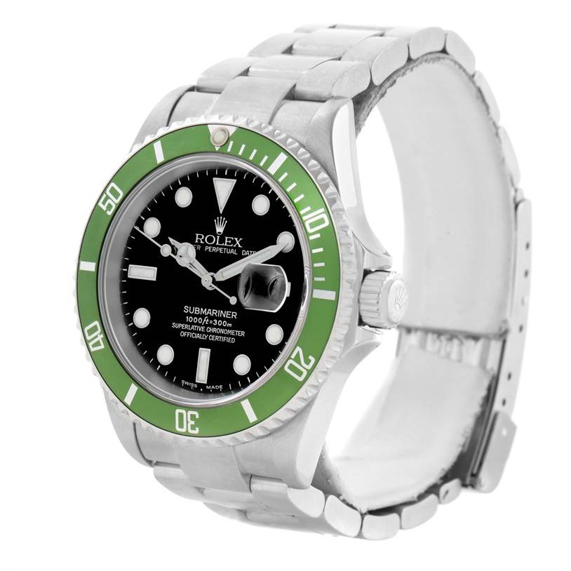 The Rolex Submariner 16610LV Men
s Stainless Steel Black Dial 16610LV Men
s Stainless Steel Black Dial watch is shown at a slight angle, highlighting its green bezel, black dial, and metal bracelet.