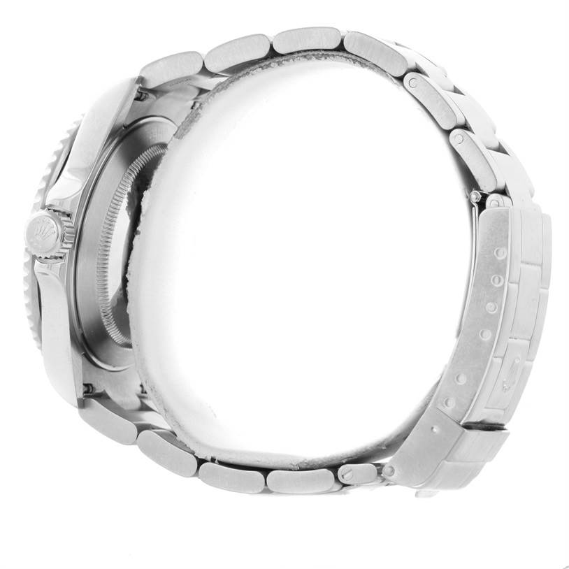 This image shows a side view of a Rolex Submariner 16610LV Men
s Stainless Steel Black Dial 16610LV Men
s Stainless Steel Black Dial watch, highlighting the case, crown, and bracelet.