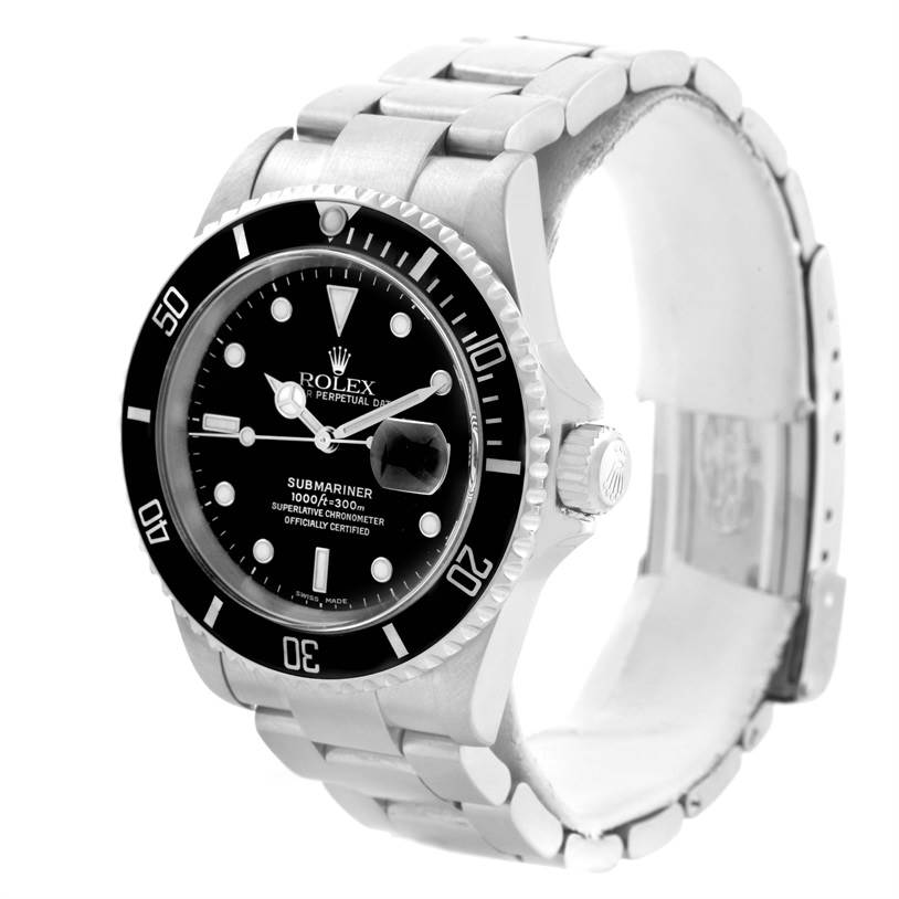 The image shows a Rolex Submariner 16610 Men
s Stainless Steel Black Dial 16610 Men
s Stainless Steel Black Dial watch angled to display its face, bezel, crown, and bracelet.