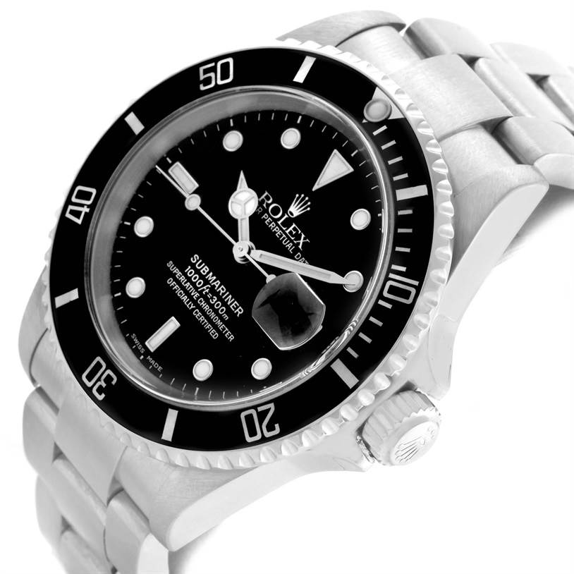The image shows a Rolex Submariner 16610 Men
s Stainless Steel Black Dial 16610 Men
s Stainless Steel Black Dial watch at an angled view, highlighting the dial, bezel, crown, and part of the bracelet.