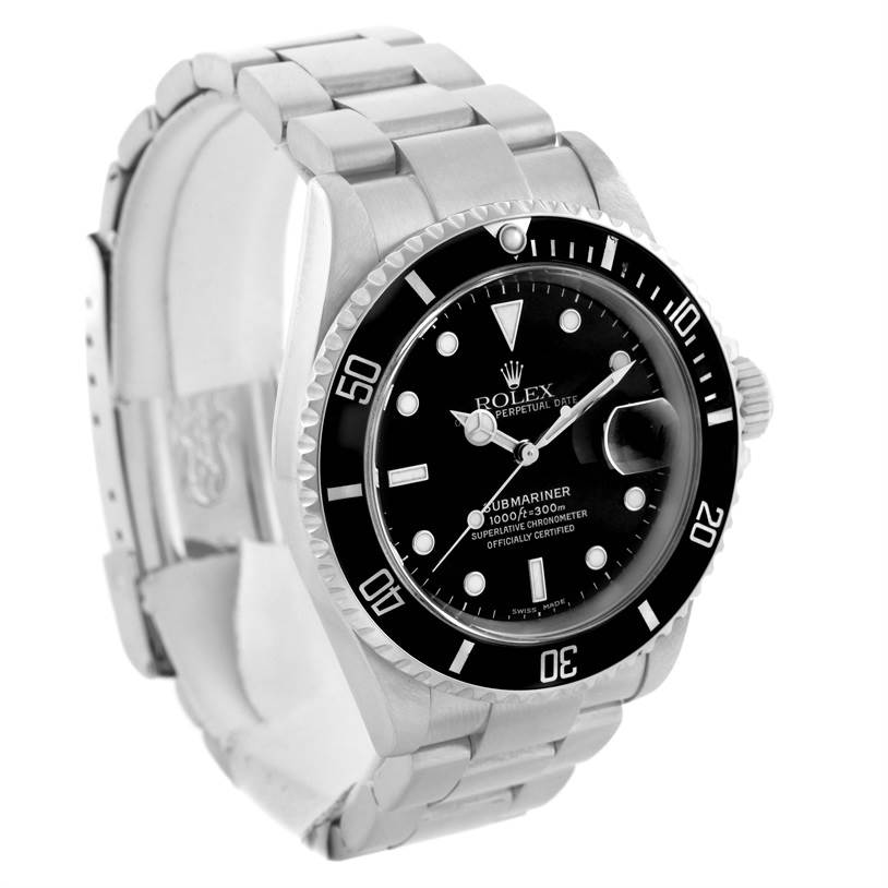 The image shows a Rolex Submariner 16610 Men
s Stainless Steel Black Dial 16610 Men
s Stainless Steel Black Dial watch, focusing on the watch face, bezel, and bracelet at an oblique angle.