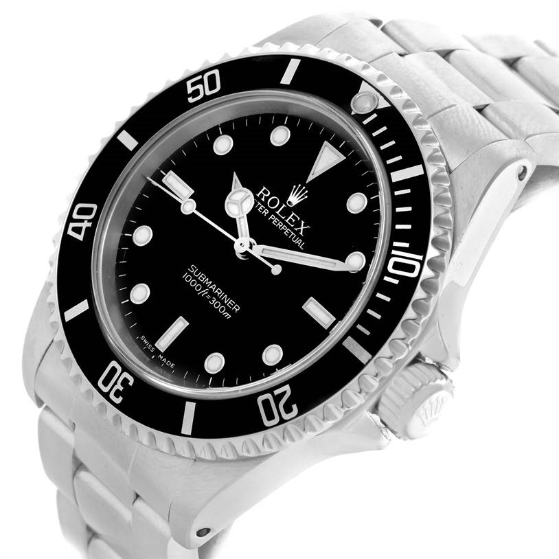 The image shows a Rolex Submariner 14060 Men
s Stainless Steel Black Dial 14060 Men
s Stainless Steel Black Dial watch angled slightly from the front, highlighting the dial, bezel, and part of the bracelet.