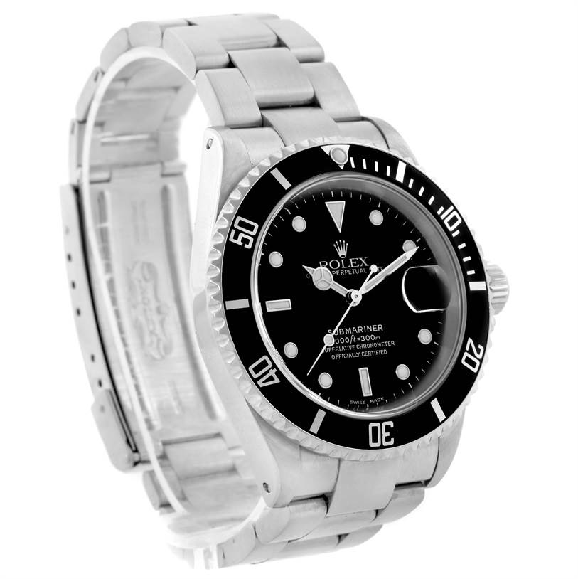 The Rolex Submariner 16610 Men's Stainless Steel Black Dial 16610 Men's Stainless Steel Black Dial watch is shown at an angled view, highlighting its face, bezel, and part of the stainless steel bracelet.