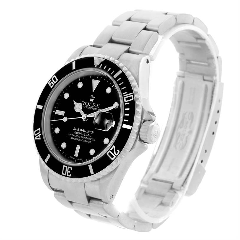 The Rolex Submariner 16610 Men's Stainless Steel Black Dial 16610 Men's Stainless Steel Black Dial watch is shown at an angled view, displaying its black dial, bezel, crown, and stainless steel bracelet.
