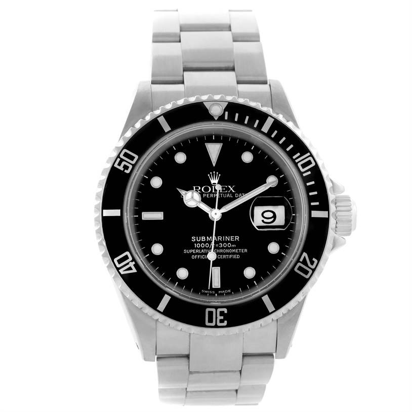 The image shows a front view of a Rolex Submariner 16610 Men's Stainless Steel Black Dial 16610 Men's Stainless Steel Black Dial watch, highlighting the dial, bezel, and metal bracelet.