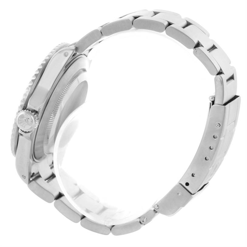 The image shows a side profile of a Rolex Submariner 16610 Men's Stainless Steel Black Dial 16610 Men's Stainless Steel Black Dial watch, highlighting the crown, bezel, and stainless steel bracelet.