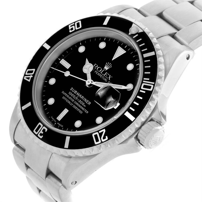 The Rolex Submariner 16610 Men's Stainless Steel Black Dial 16610 Men's Stainless Steel Black Dial watch is shown at a slight angle displaying the face, bezel, crown, and part of the stainless steel bracelet.