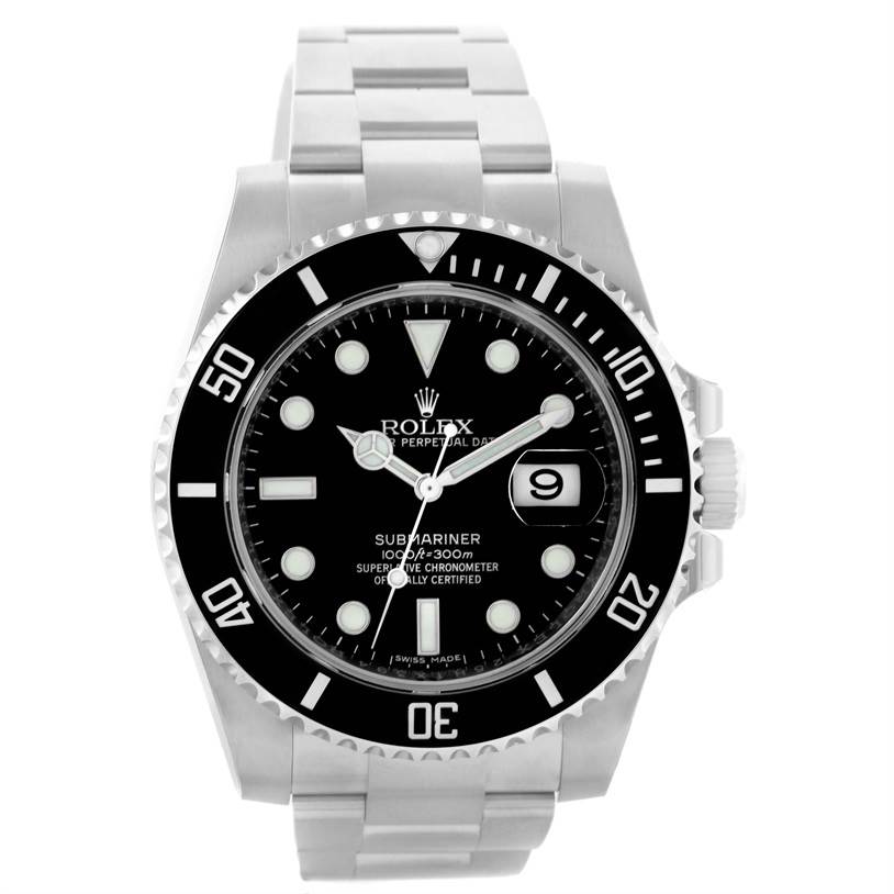 The image shows a front view of a Rolex Submariner 116610 Men
s Stainless Steel Black Dial 116610 Men
s Stainless Steel Black Dial watch, revealing its dial, bezel, and bracelet.