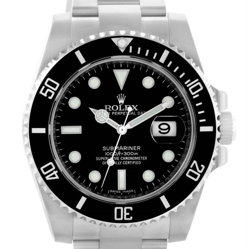 The image shows a front view of a Rolex Submariner 116610 Men
s Stainless Steel Black Dial 116610 Men
s Stainless Steel Black Dial watch, highlighting its dial, bezel, and part of the bracelet.