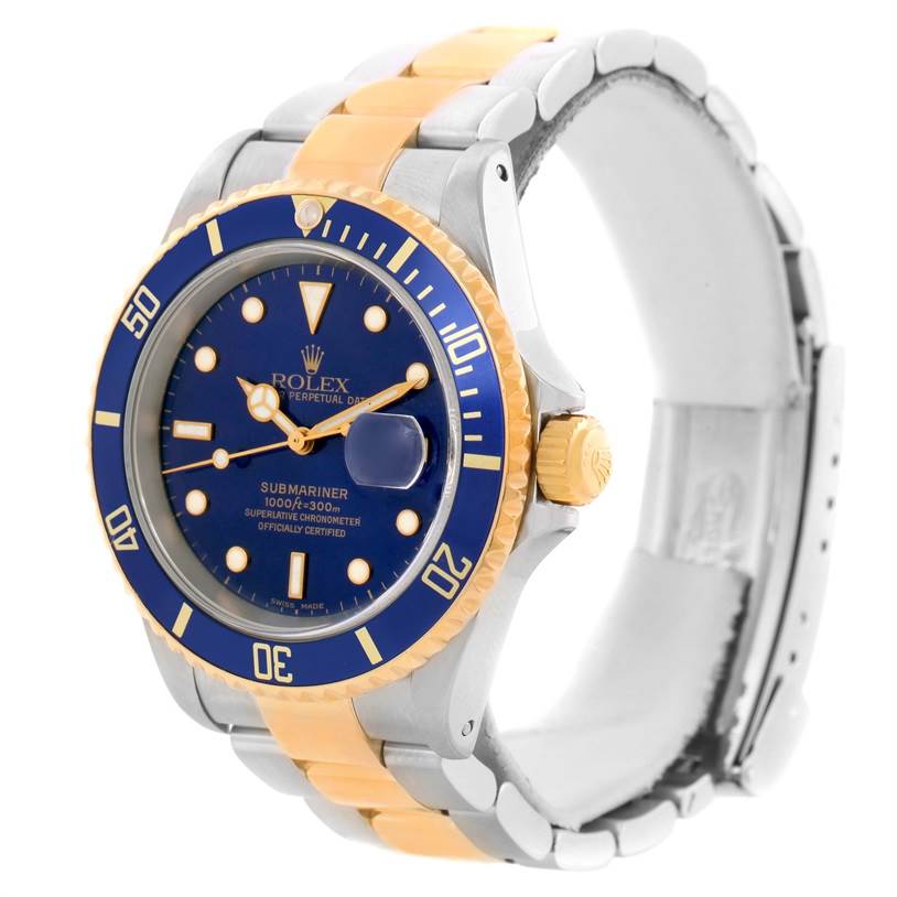 The image shows a side angle of a Rolex Submariner 16613 Men's Steel and Gold (two tone) Blue Dial 16613 Men's Steel and Gold (two tone) Blue Dial watch, featuring its bezel, crown, and two-tone bracelet.