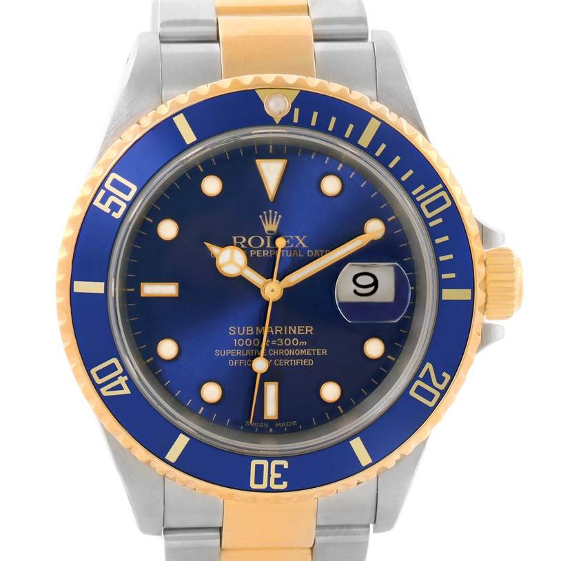 This image shows a front view of a Rolex Submariner 16613 Men's Steel and Gold (two tone) Blue Dial 16613 Men's Steel and Gold (two tone) Blue Dial with a blue dial, gold accents, and a two-tone bracelet.