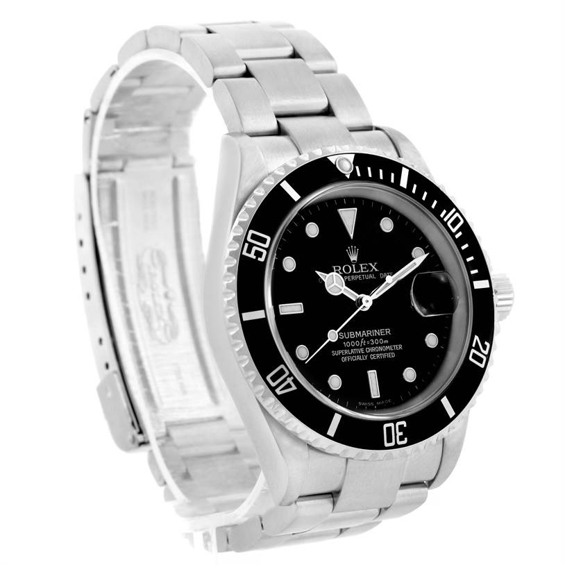 The image shows a Rolex Submariner 16610 Men
s Stainless Steel Black Dial 16610 Men
s Stainless Steel Black Dial watch at a three-quarter angle, highlighting the dial, bezel, crown, and bracelet.