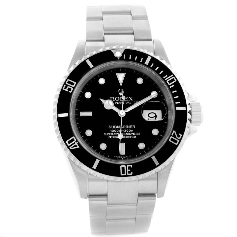 This image shows a front view of the Rolex Submariner 16610 Men
s Stainless Steel Black Dial 16610 Men
s Stainless Steel Black Dial watch, displaying its dial, bezel, and bracelet.
