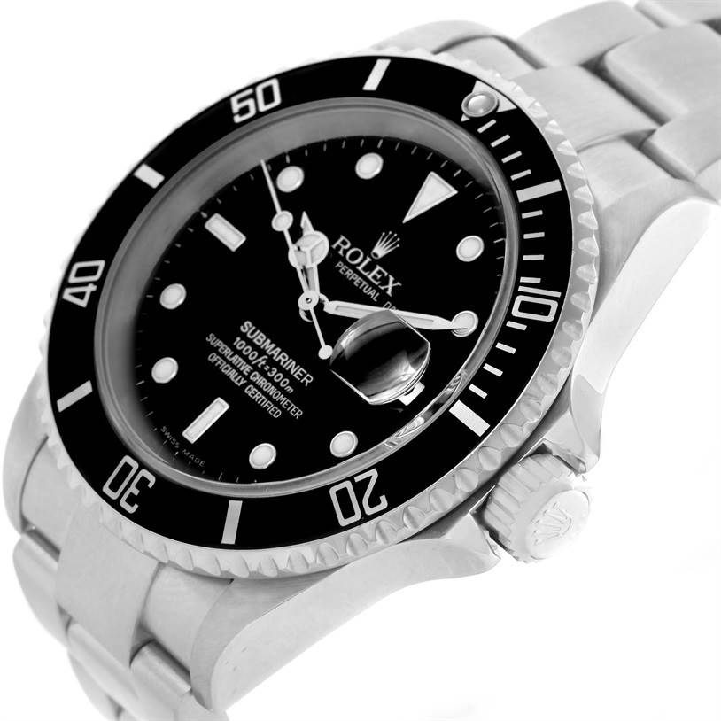 The image shows a Rolex Submariner 16610 Men
s Stainless Steel Black Dial 16610 Men
s Stainless Steel Black Dial watch angled to display the face, bezel, crown, and part of the bracelet.
