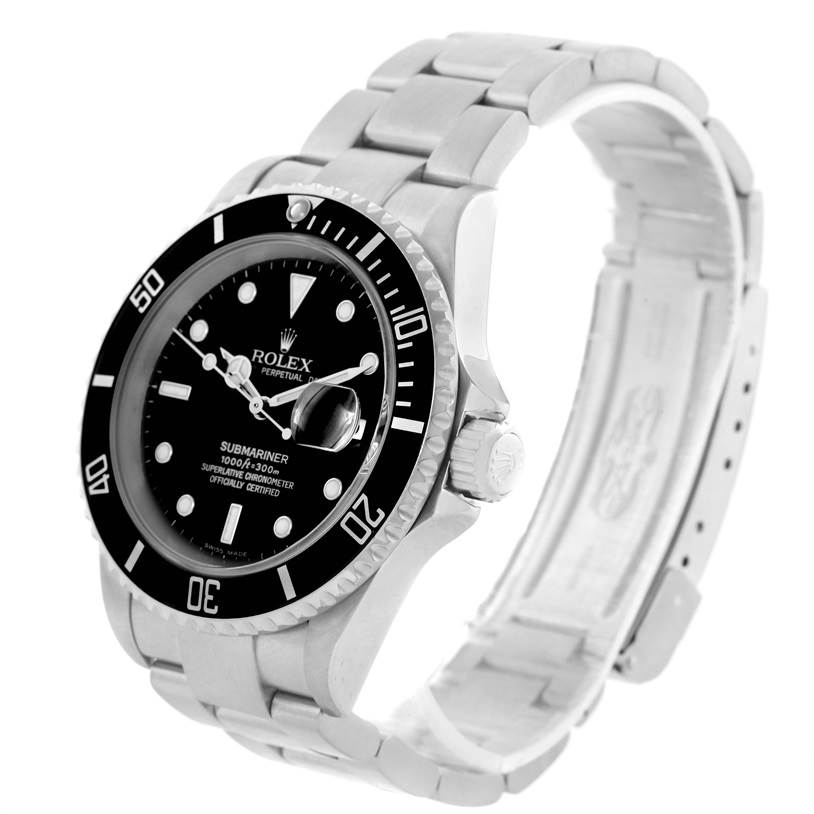 The image shows a silver Rolex Submariner 16610 Men
s Stainless Steel Black Dial 16610 Men
s Stainless Steel Black Dial watch from an angled view, highlighting the face, bezel, crown, and bracelet.