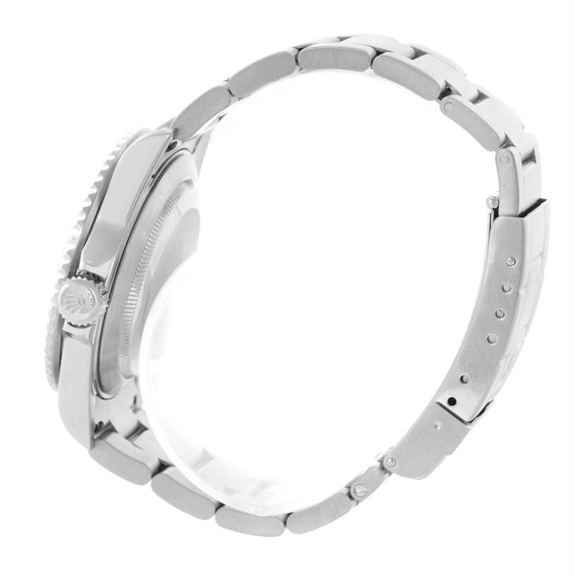 This image shows a side profile of a Rolex Submariner 16610 Men
s Stainless Steel Black Dial 16610 Men
s Stainless Steel Black Dial watch emphasizing the bracelet and crown.