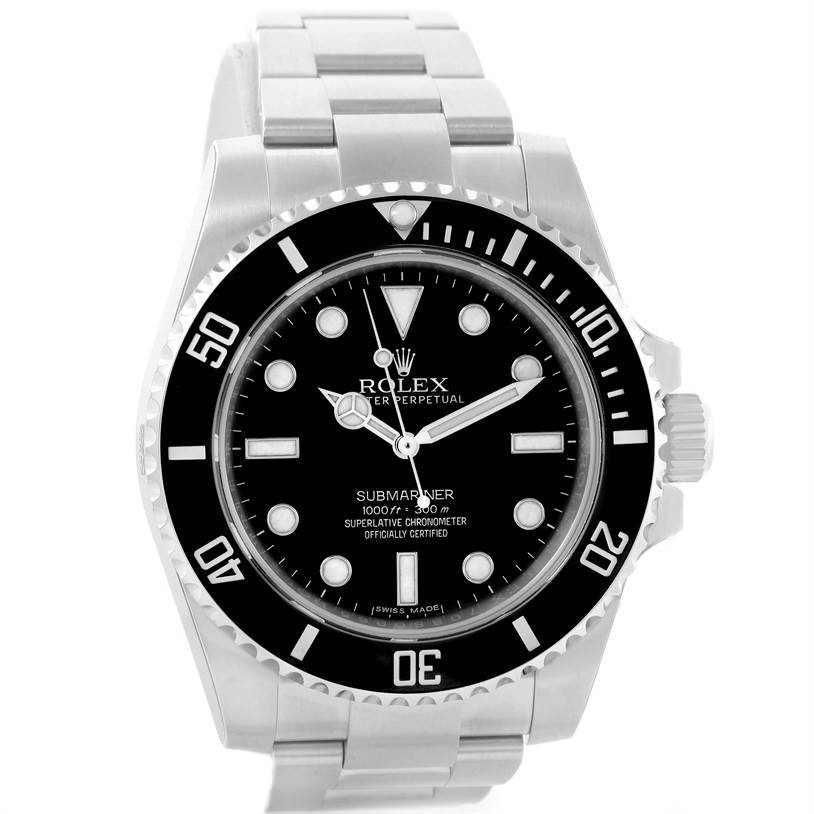 The image shows a front view of a Rolex Submariner 114060 Men
s Stainless Steel Black Dial 114060 Men
s Stainless Steel Black Dial, highlighting its black dial, bezel, and stainless steel bracelet.