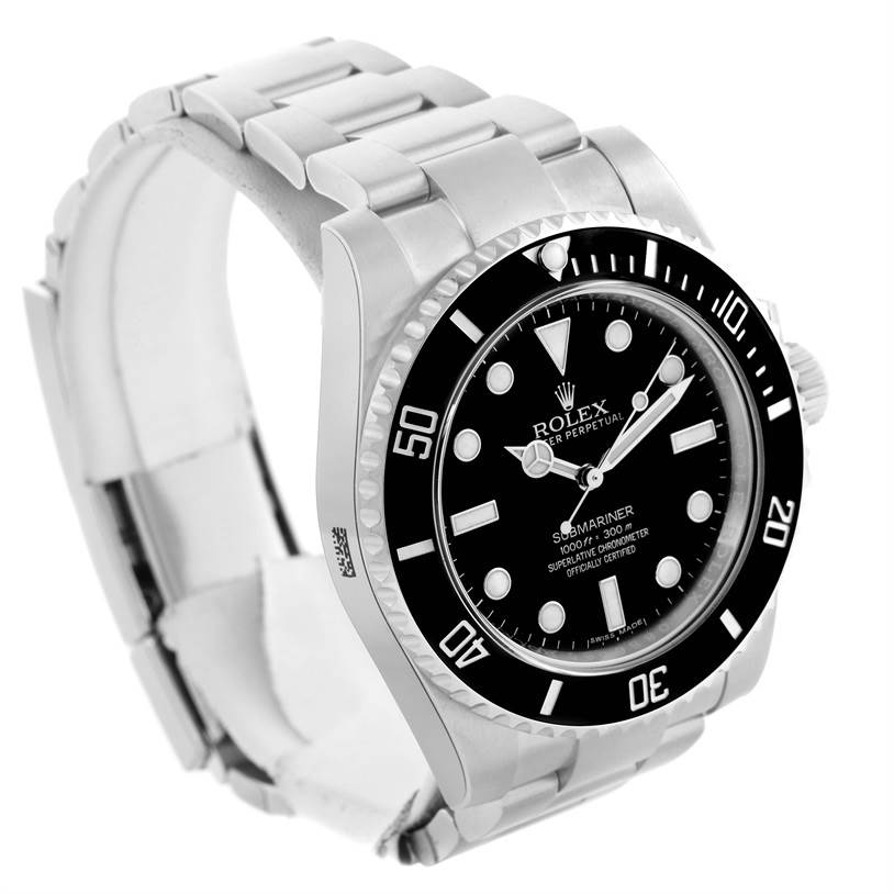 The image shows a Rolex Submariner 114060 Men
s Stainless Steel Black Dial 114060 Men
s Stainless Steel Black Dial watch at a slight side angle, displaying its face, bezel, and metal bracelet.