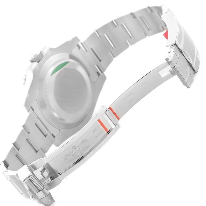 The image shows the back and bracelet of a Rolex Submariner 114060 Men
s Stainless Steel Black Dial 114060 Men
s Stainless Steel Black Dial watch, highlighting the clasp and caseback.