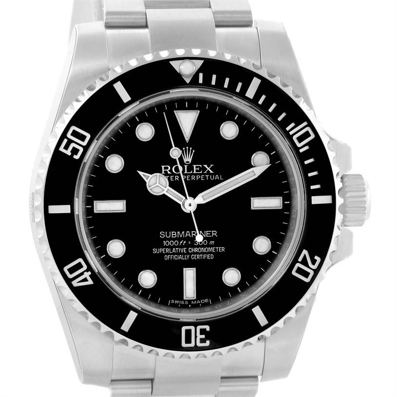 This image shows a front view of a Rolex Submariner 114060 Men
s Stainless Steel Black Dial 114060 Men
s Stainless Steel Black Dial watch, displaying the dial, bezel, and part of the bracelet.