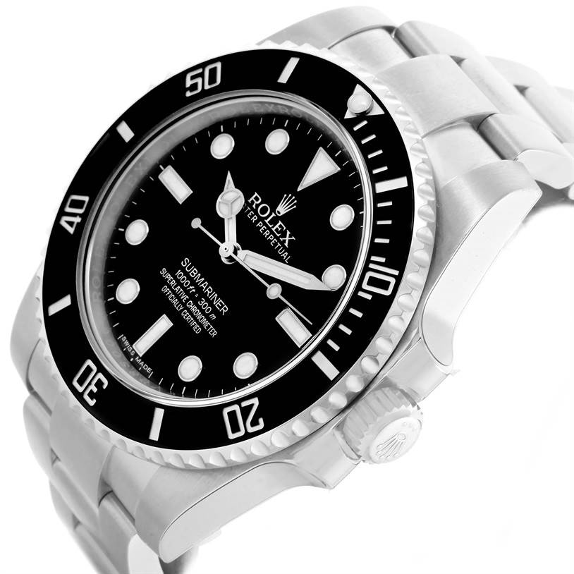 The image shows a side angle view of a Rolex Submariner 114060 Men
s Stainless Steel Black Dial 114060 Men
s Stainless Steel Black Dial watch, highlighting the bezel, dial, crown, and bracelet.
