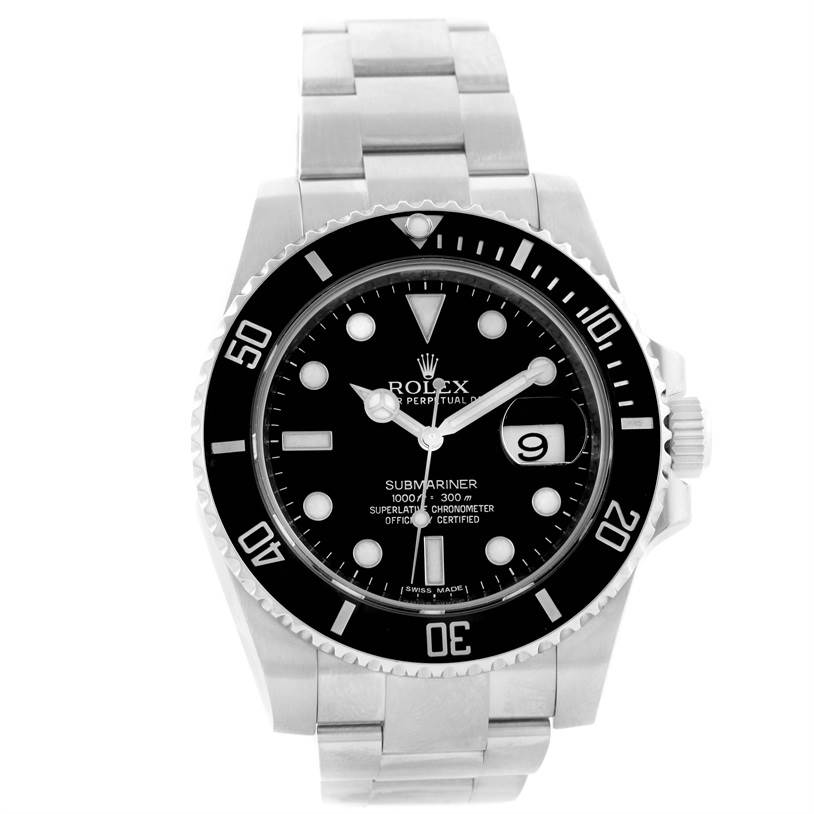 The Rolex Submariner 116610LN Men
s Stainless Steel Black Dial 116610LN Men
s Stainless Steel Black Dial watch is shown from a front angle, highlighting the dial, bezel, and part of the bracelet.