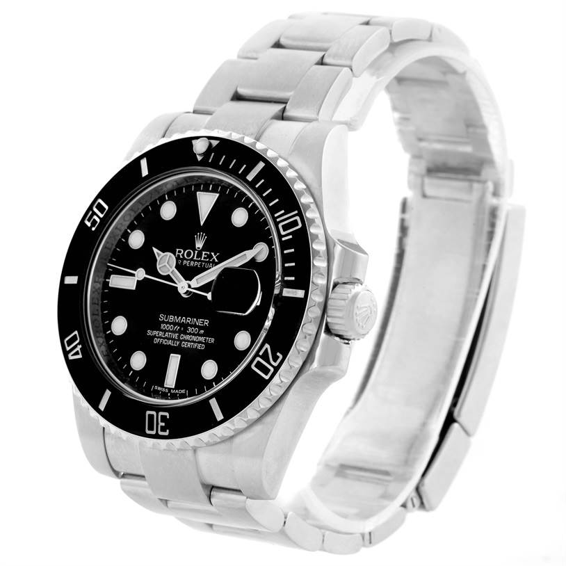 The image shows a Rolex Submariner 116610LN Men
s Stainless Steel Black Dial 116610LN Men
s Stainless Steel Black Dial watch at a 3/4 angle, highlighting the dial, bezel, and bracelet.