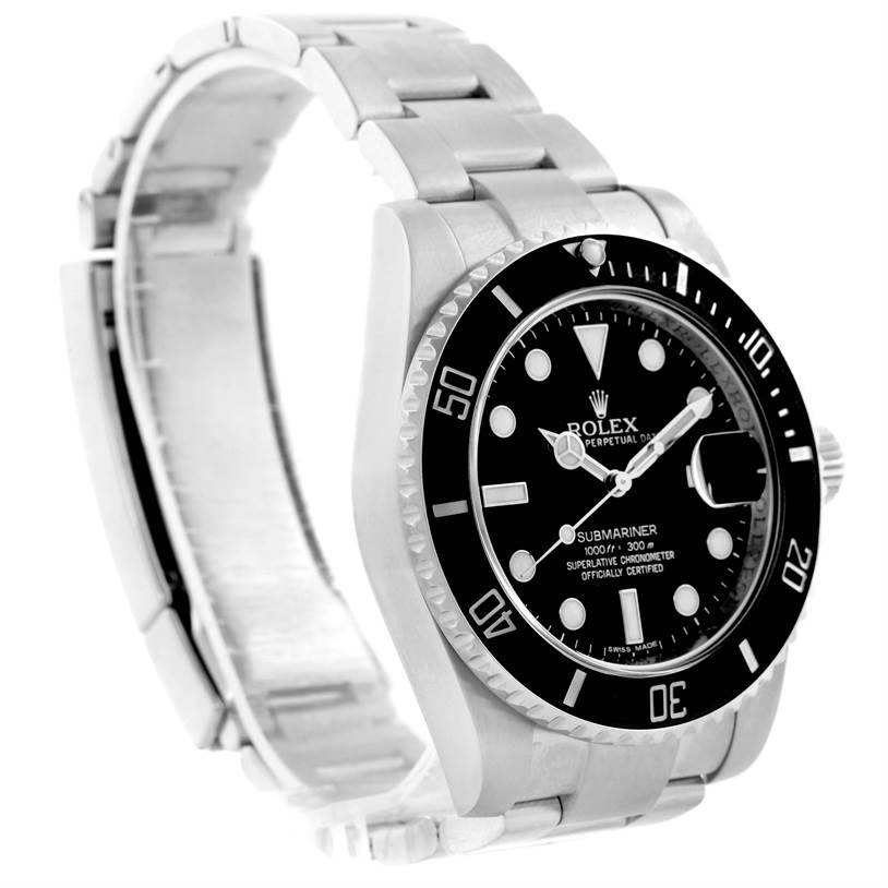 The image shows a Rolex Submariner 116610LN Men
s Stainless Steel Black Dial 116610LN Men
s Stainless Steel Black Dial watch at an angled side view, highlighting the face, bezel, and part of the bracelet.