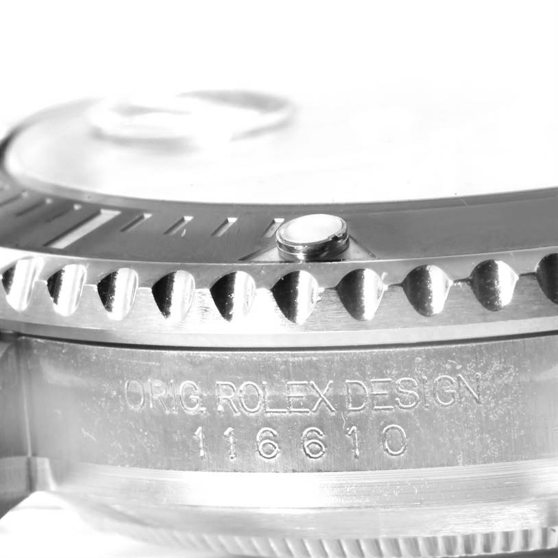 The image shows a close-up side view of the bezel and case of a Rolex Submariner 116610LN Men
s Stainless Steel Black Dial 116610LN Men
s Stainless Steel Black Dial watch, revealing model number 116610.
