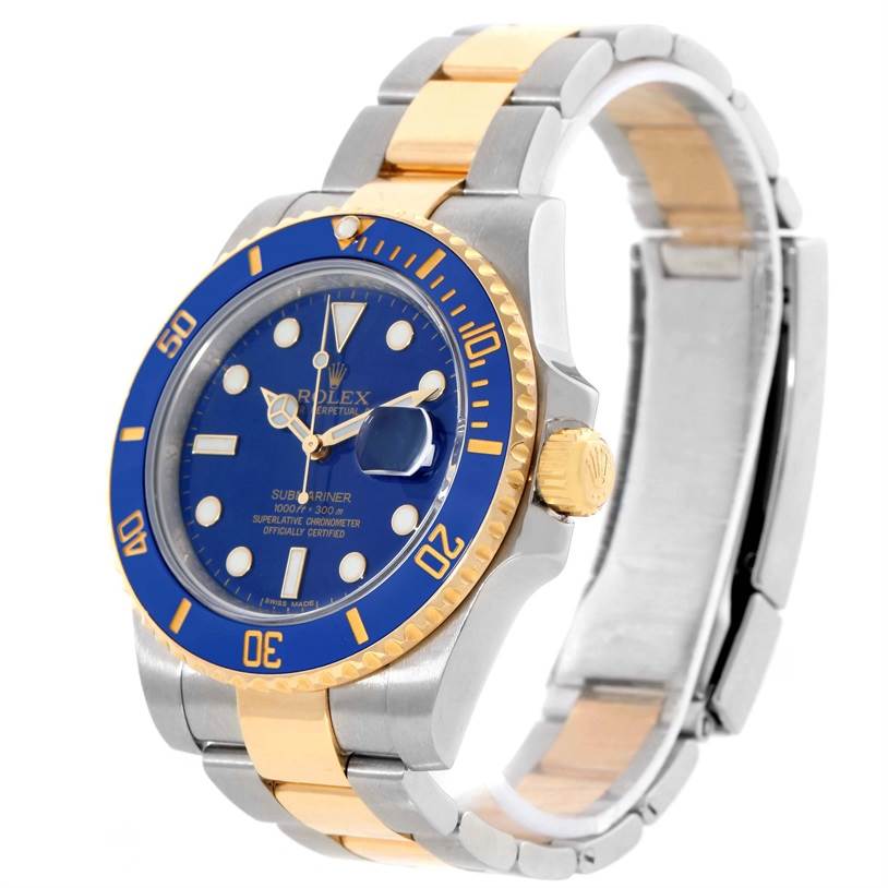 The image shows a Rolex Submariner 116613 Men's Steel and Gold (two tone) Blue Dial 116613 Men's Steel and Gold (two tone) Blue Dial watch at a slight angle, highlighting the face, bezel, and part of the bracelet.