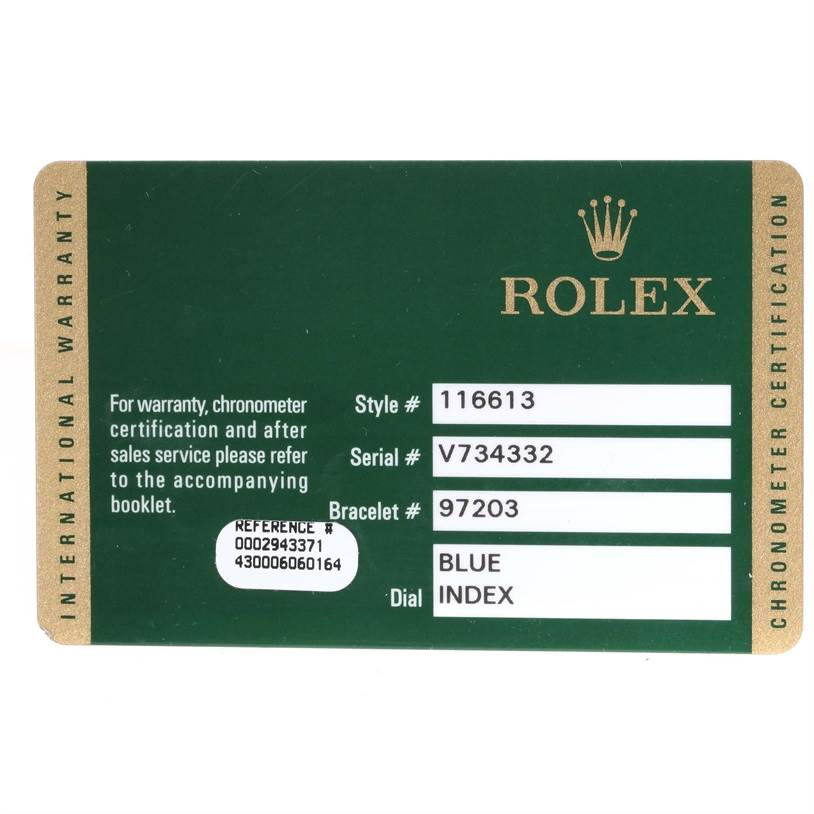 The image shows the warranty card for a Rolex Submariner 116613 Men's Steel and Gold (two tone) Blue Dial 116613 Men's Steel and Gold (two tone) Blue Dial, detailing the style, serial, and bracelet numbers, and dial type.