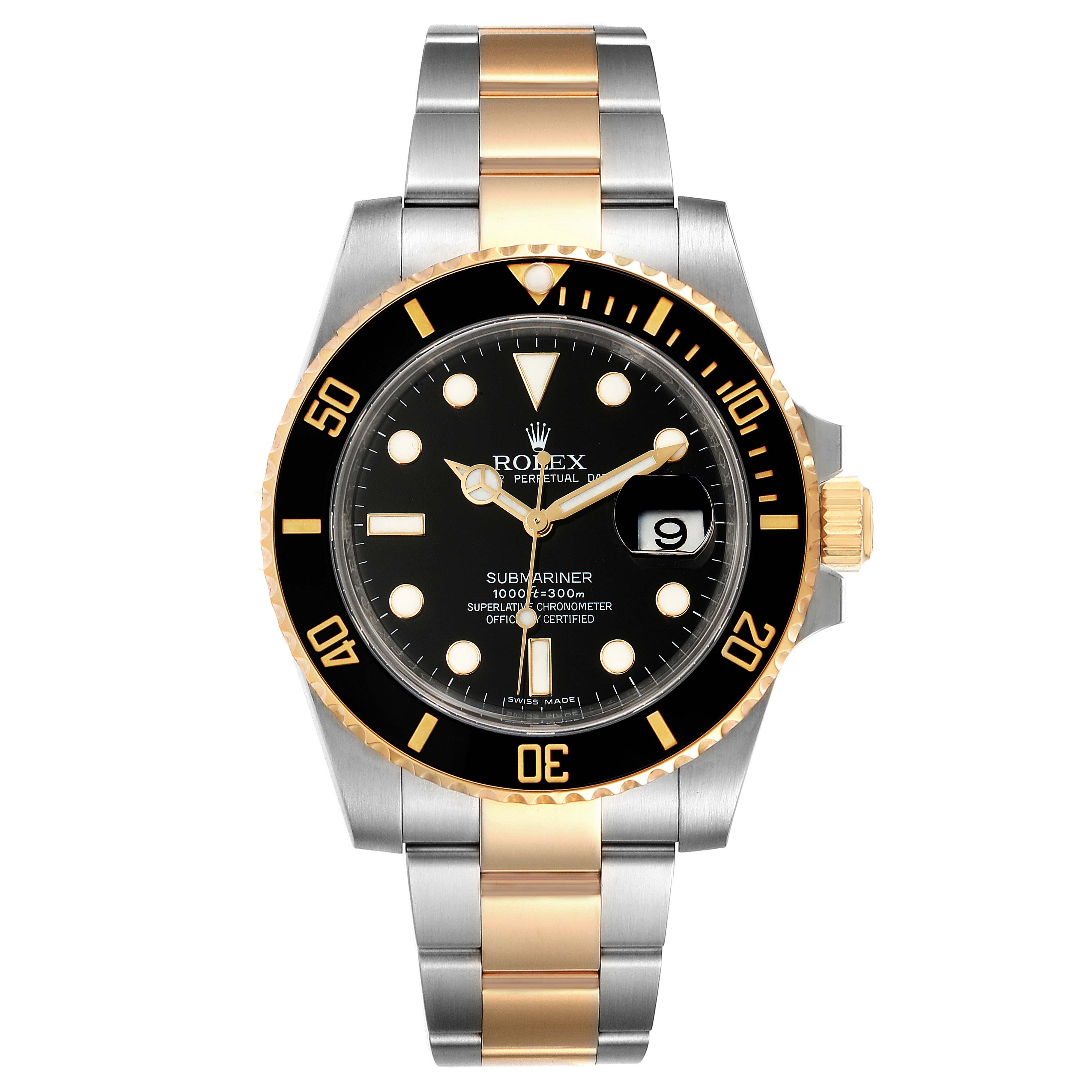 The image shows a front view of a Rolex Submariner 116613LN Men's Steel and Gold (two tone) Black Dial 116613LN Men's Steel and Gold (two tone) Black Dial watch, showcasing its black dial, bezel, and two-tone metal bracelet.