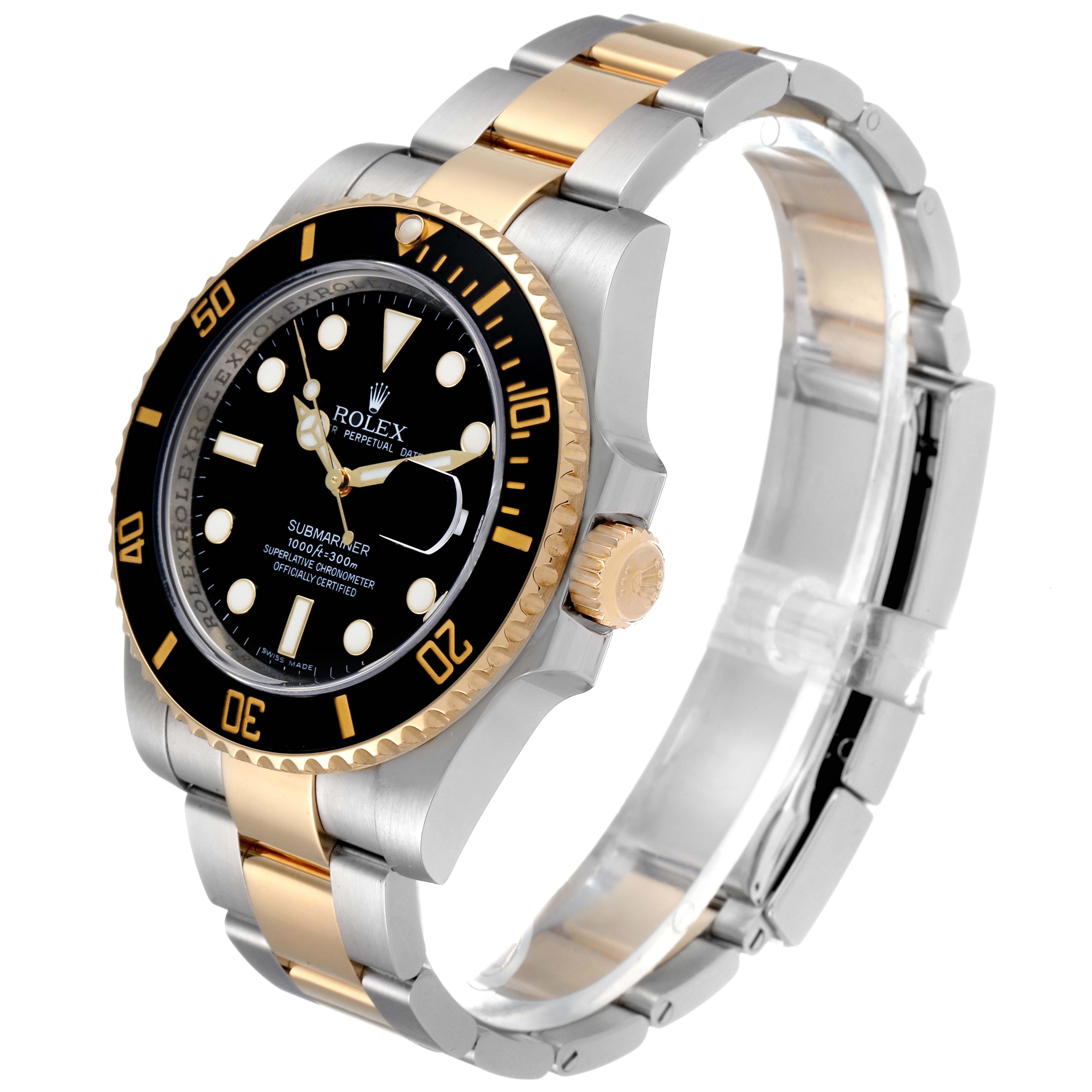 The image shows a Rolex Submariner 116613LN Men's Steel and Gold (two tone) Black Dial 116613LN Men's Steel and Gold (two tone) Black Dial watch at an angled side view, highlighting the dial, bezel, crown, and part of the bracelet.