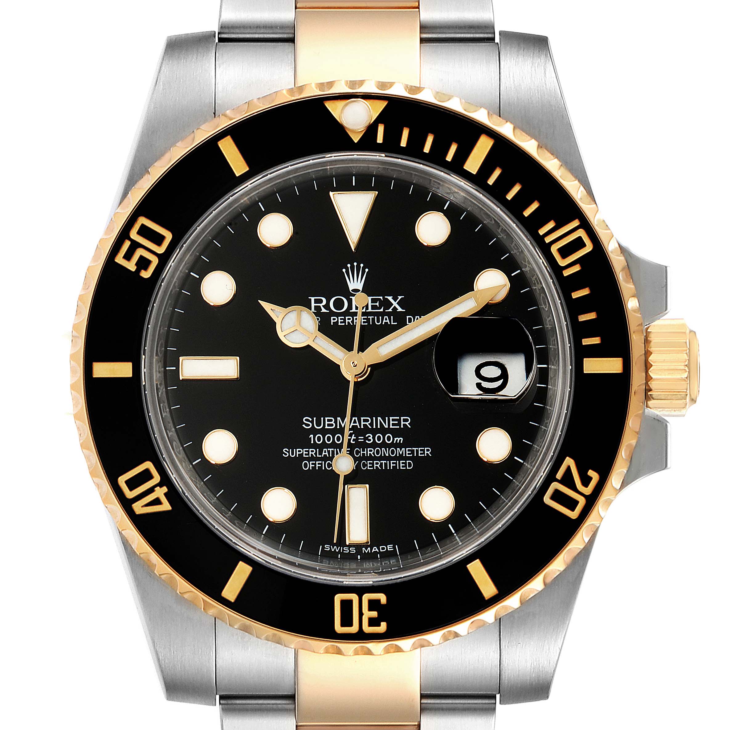 The image shows a front view of the Rolex Submariner 116613LN Men's Steel and Gold (two tone) Black Dial 116613LN Men's Steel and Gold (two tone) Black Dial watch, featuring a black dial, gold accents, and a two-tone metal bracelet.