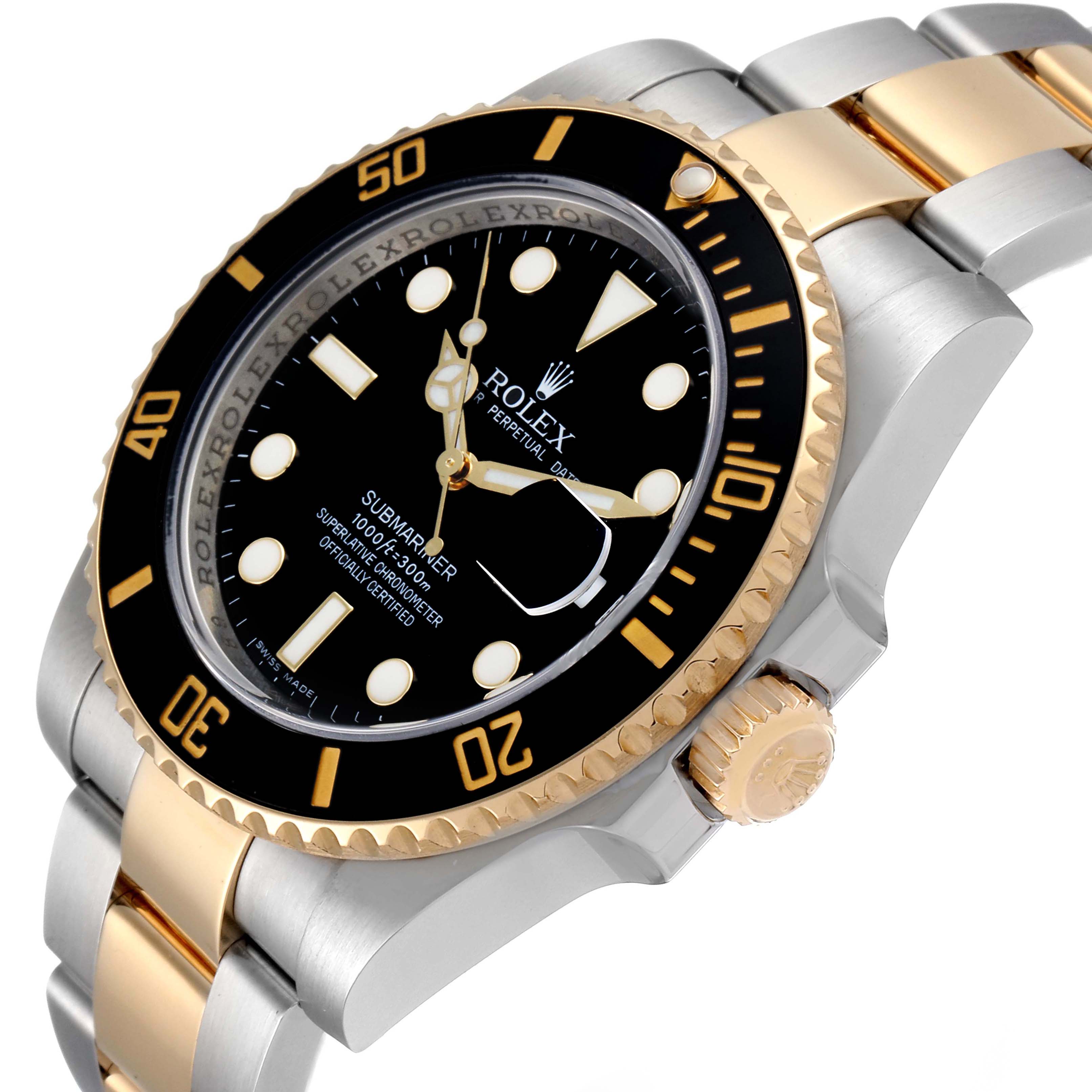 This image shows a close-up angle of a Rolex Submariner 116613LN Men's Steel and Gold (two tone) Black Dial 116613LN Men's Steel and Gold (two tone) Black Dial, highlighting the black and gold bezel, dial, and the two-tone bracelet.