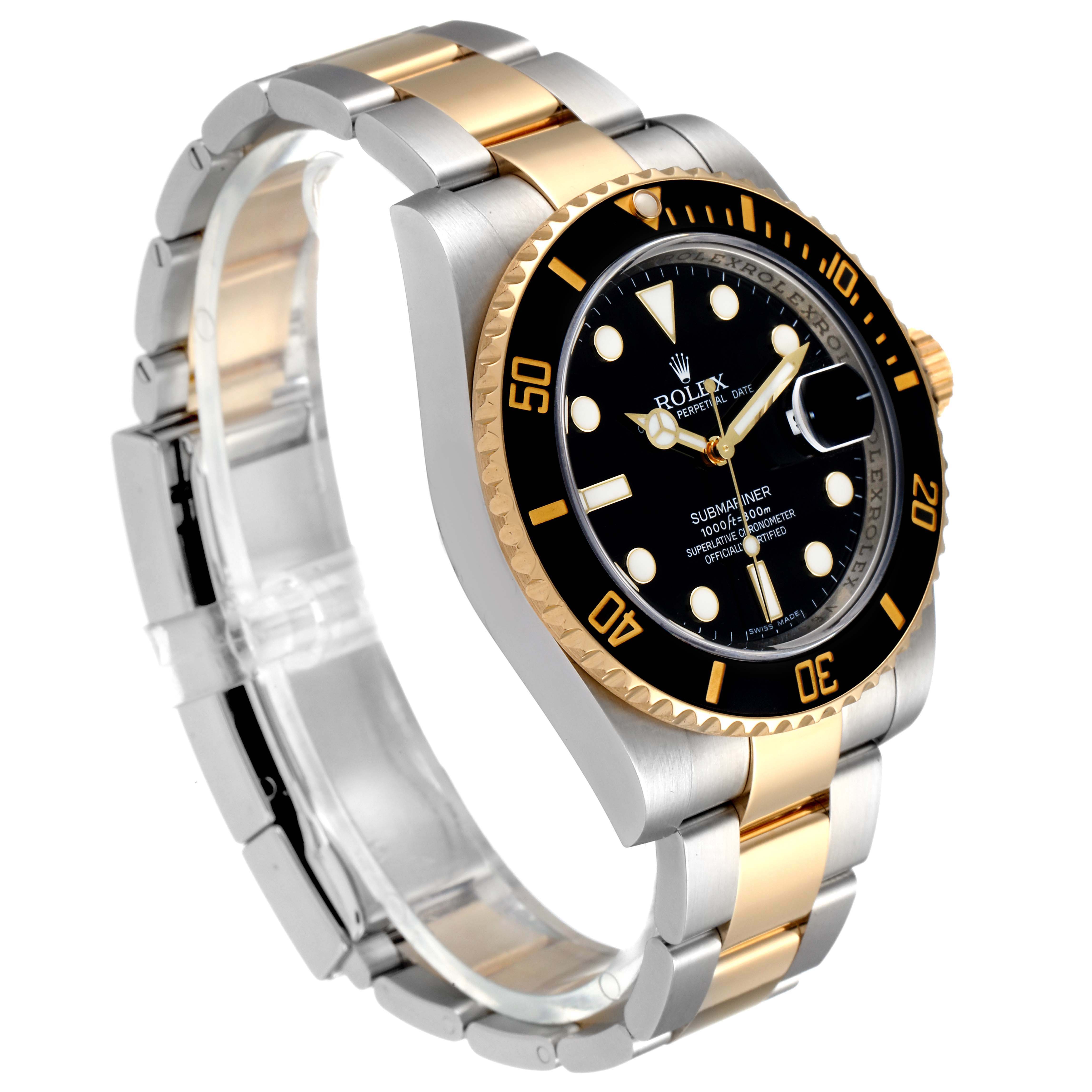The image shows a Rolex Submariner 116613LN Men's Steel and Gold (two tone) Black Dial 116613LN Men's Steel and Gold (two tone) Black Dial watch at an angled side view, displaying the face, bezel, and two-tone bracelet.