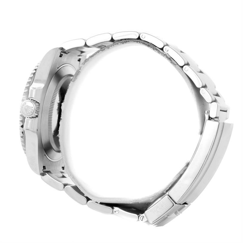 The image shows a side profile of a Rolex Submariner 116610LV Men's Stainless Steel Green Dial 116610LV Men's Stainless Steel Green Dial watch focusing on the case, crown, and bracelet.