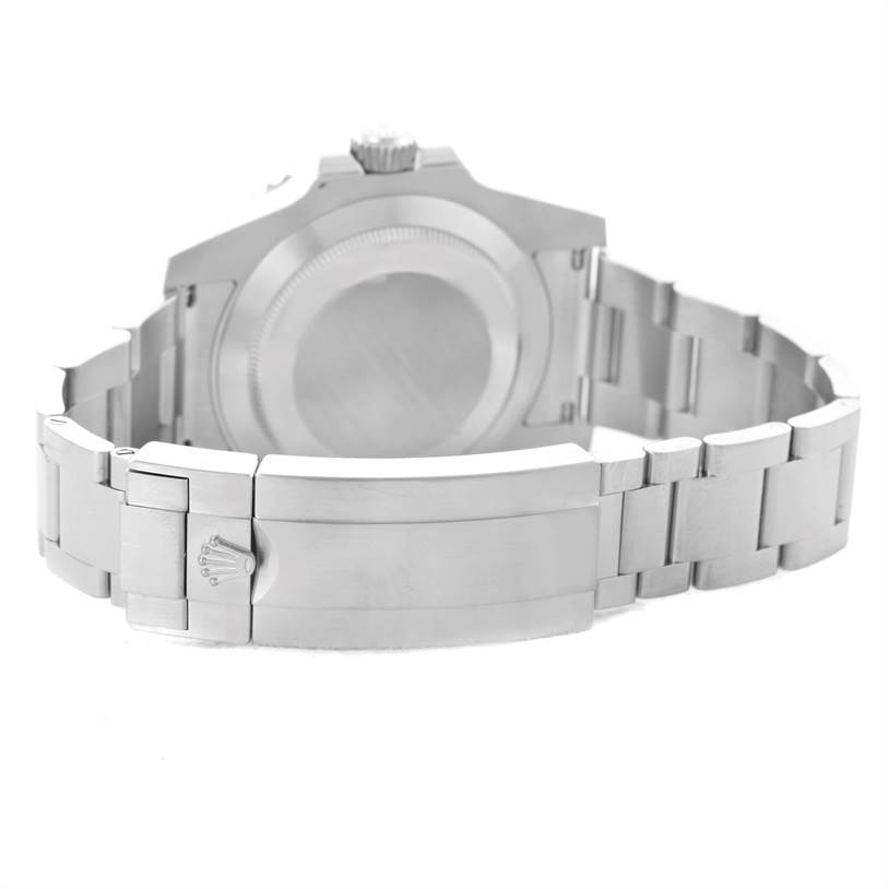 The image shows the back case and bracelet clasp of a Rolex Submariner 116610LV Men's Stainless Steel Green Dial 116610LV Men's Stainless Steel Green Dial watch, displayed at an angled rear view.